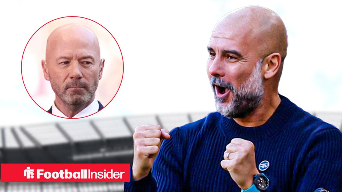 A headshot of Alan Shearer alongside an image of Man City boss Pep Guardiola celebrating