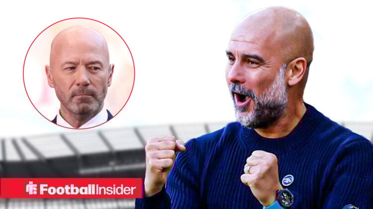 A headshot of Alan Shearer alongside an image of Man City boss Pep Guardiola celebrating