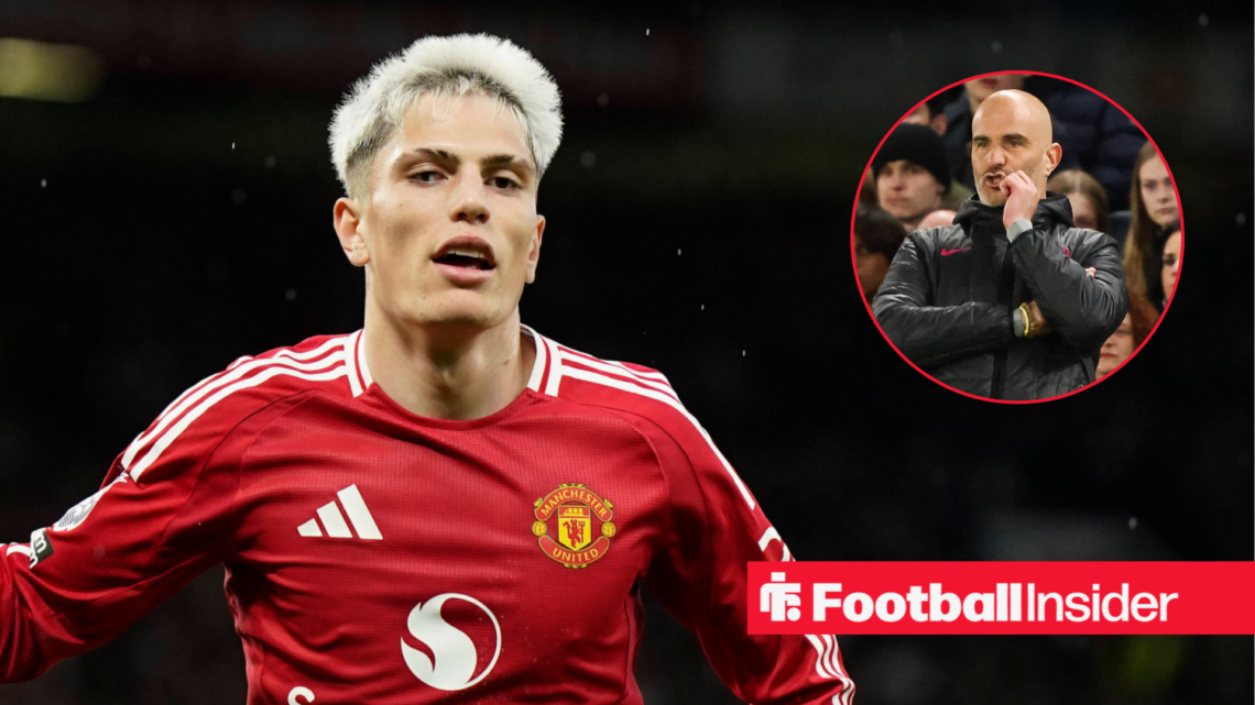 Alejandro Garnacho in a red Manchester United shirt next to an image of Chelsea boss Enzo Maresca in a circular frame