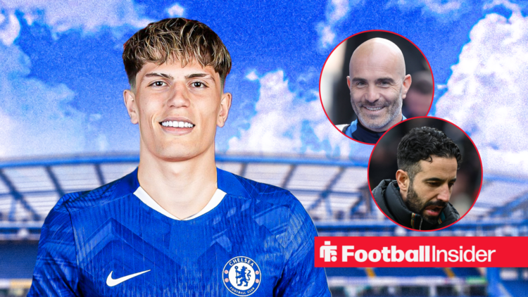 Alejandro Garnacho smiling in a blue Chelsea shirt on the left with Enzo Maresca smiling on the right and Ruben Amorim looking sad