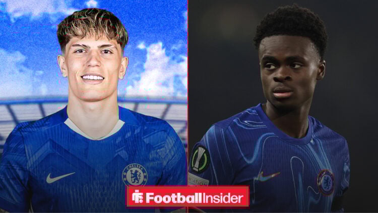 Alejandro Garnacho in a Chelsea shirt next to Tyrique George