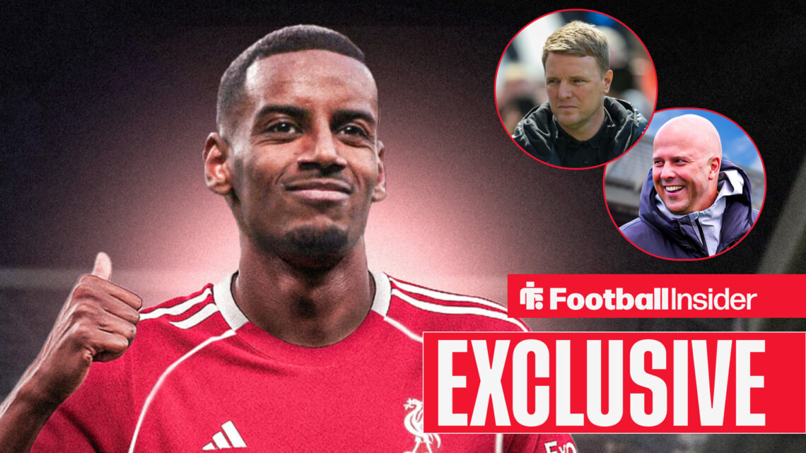 Newcastle's Alexander Isak celebrating in a Liverpool kit with Newcastle manager Eddie Howe looking stern and Liverpool boss Arne Slot smiling in t...