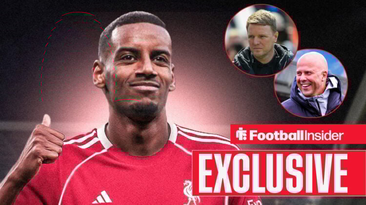 Newcastle's Alexander Isak celebrating in a Liverpool kit with Newcastle manager Eddie Howe looking stern and Liverpool boss Arne Slot smiling in t...
