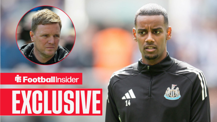 Newcastle's Alexander Isak walks into a stadium in a training jacket and manager Eddie Howe looks at him confused inset