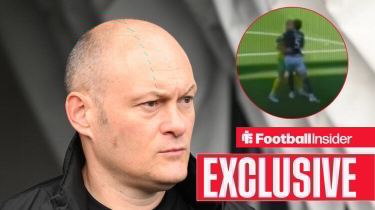 Alex Neil on left side of camera looking at Jake Cooper of Millwall in scrap with Norwich player with Exclusive logo in red