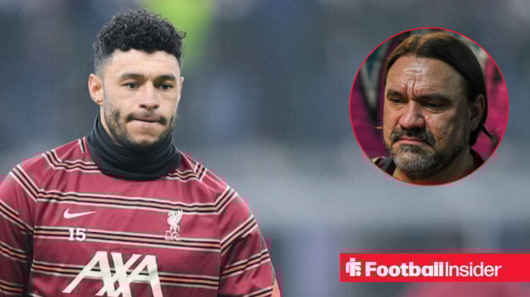 Midfielder Alex Oxlade-Chamberlain warming up for Liverpool alongside a circular inset of Leeds manager Daniel Farke.