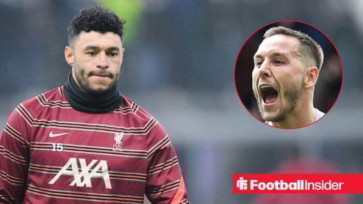 Alex Oxlade-Chamberlain warming up for Liverpool alongside a head shot of Josh Brownhill