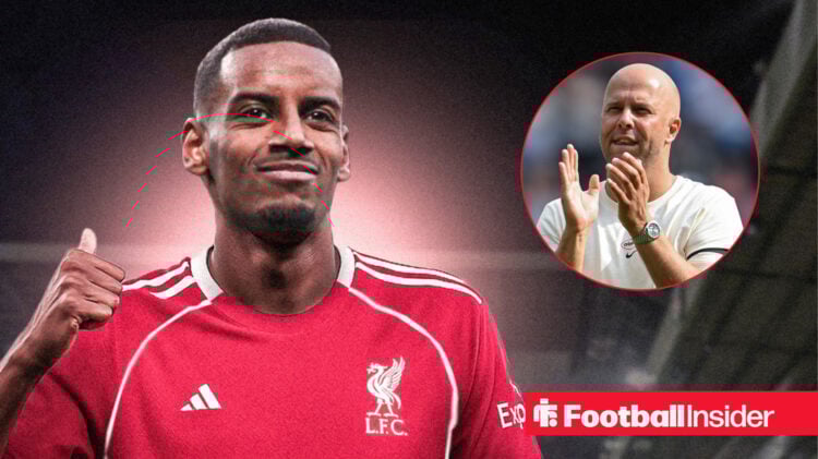 Alexander Isak in a Liverpool shirt, and Arne Slot
