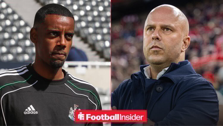 Alexander Isak in a Newcastle training top alongside Arne Slot on the Anfield touchline