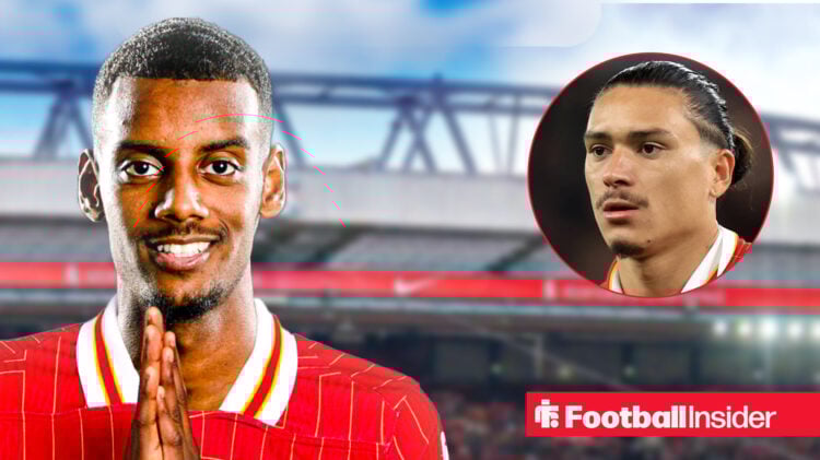 Alexander Isak in Liverpool colours alongside Darwin Nunez.