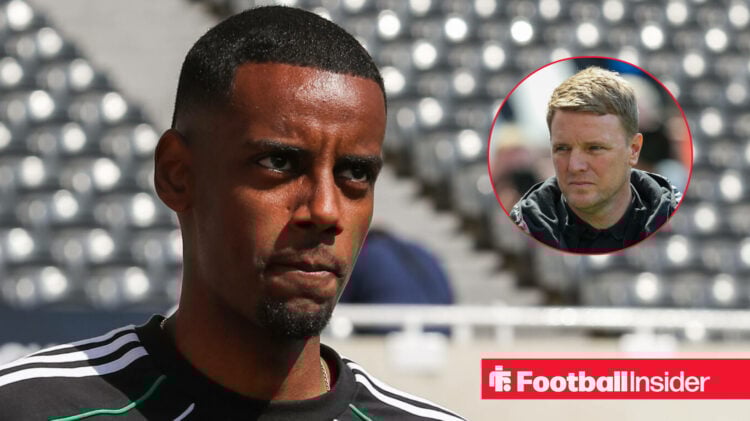 Newcastle striker Alexander Isak before a game in training kit looking at manager Eddie Howe who looks worried