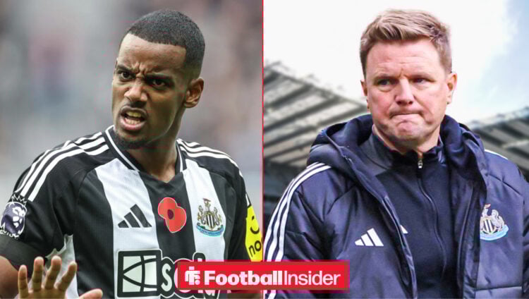 Eddie Howe looking frustrated as Alexander Isak celebrates a goal for Newcastle
