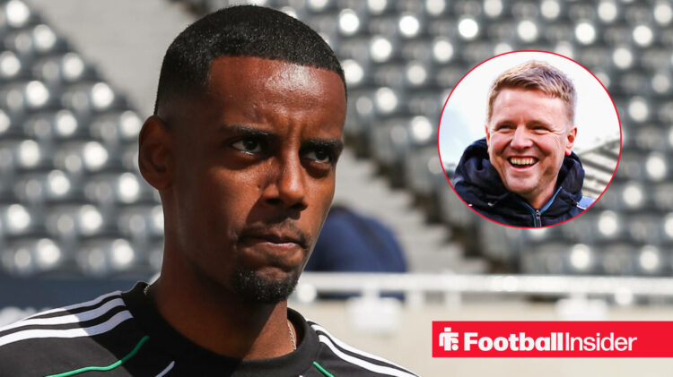 Newcastle striker Alexander Isak in a training kit looking stern at manager Eddie Howe who is laughing at him