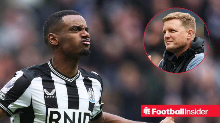 Newcastle United striker Alexander Isak and boss Eddie Howe look at each other
