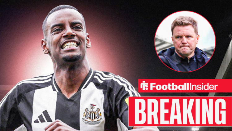 Newcastle's Alexander Isak celebrating a goal with manager Eddie Howe looking at him annoyed right inset