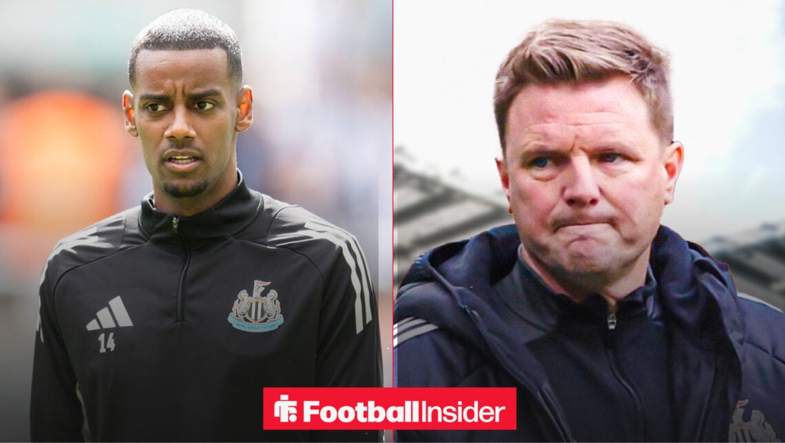 Newcastle striker Alexander Isak, manager Eddie Howe side by side.