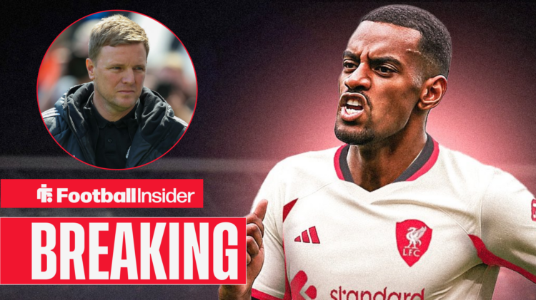 Alexander Isak in a Liverpool shirt, Eddie Howe in a circular inset