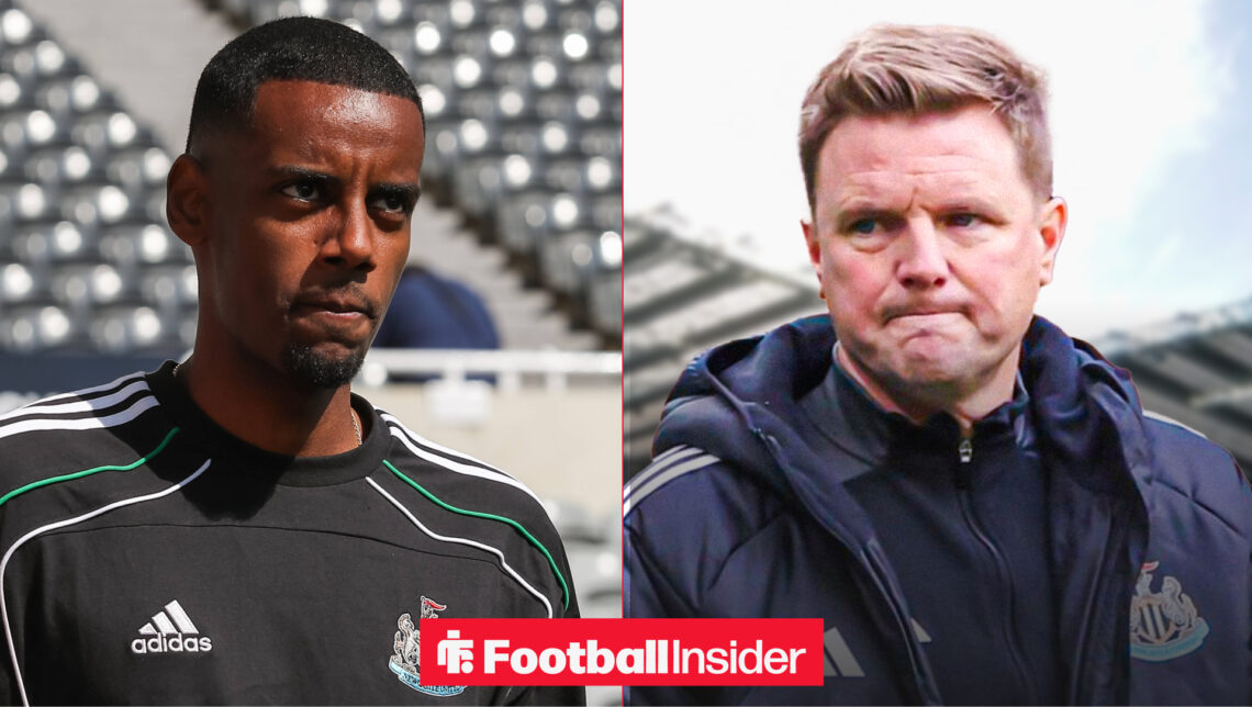 Alexander Isak in a Newcastle training top alongside Eddie Howe looking upset