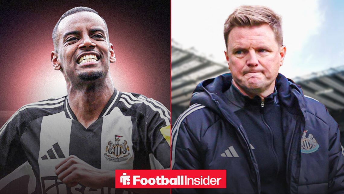 Alexander Isak in a Newcastle United shirt alongside Eddie Howe looking unhappy on the St James' Park touchline