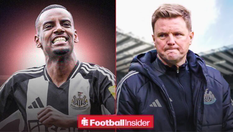 Alexander Isak in a Newcastle United shirt alongside Eddie Howe looking unhappy on the St James' Park touchline