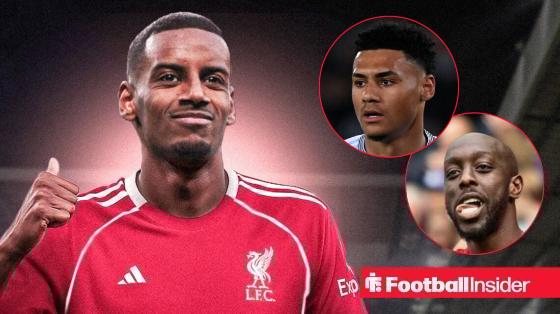 Newcastle's Alexander Isak celebrating in a Liverpool kit with Aston Villa's Ollie Watkins looking ta him and Brentford's Yoane wissa smiling at him