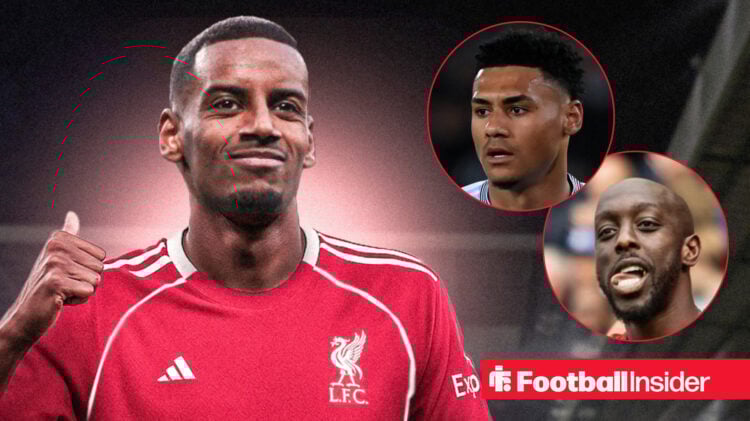Newcastle's Alexander Isak celebrating in a Liverpool kit with Aston Villa's Ollie Watkins looking ta him and Brentford's Yoane wissa smiling at him