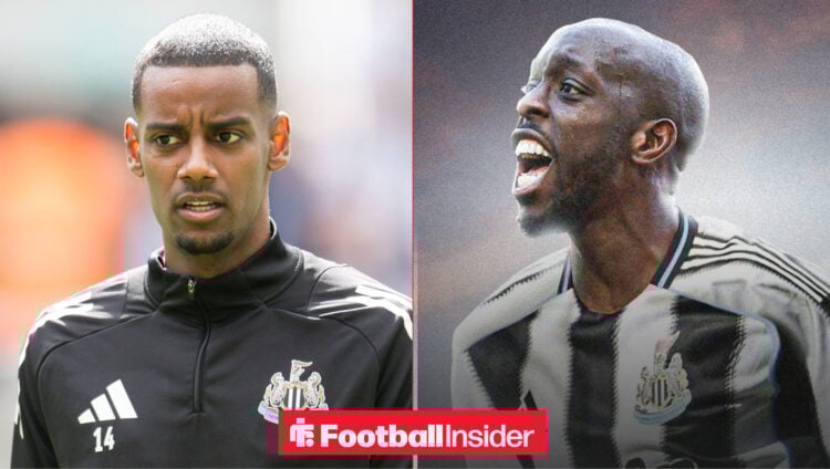 Alexander Isak in a Newcastle training jersey alongside Yoane Wissa in a Newcastle shirt