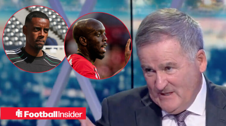 Richard Keys in the studio next to headshots of Yoane Wissa and Alexander Isak