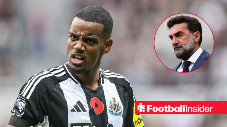 Alexander Isak looking angry in a Newcastle shirt with owner Al-Rumayyan watching on