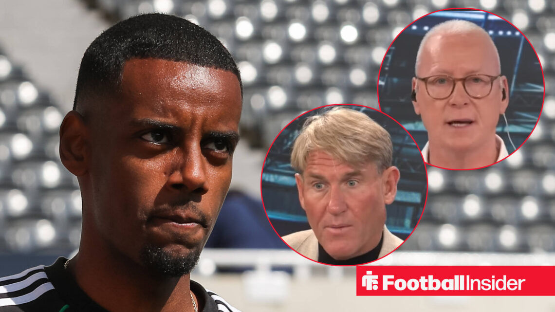 Alexander Isak on the left looking focused with Simon Jordan on the right looking perplexed and Jim White open-mouthed