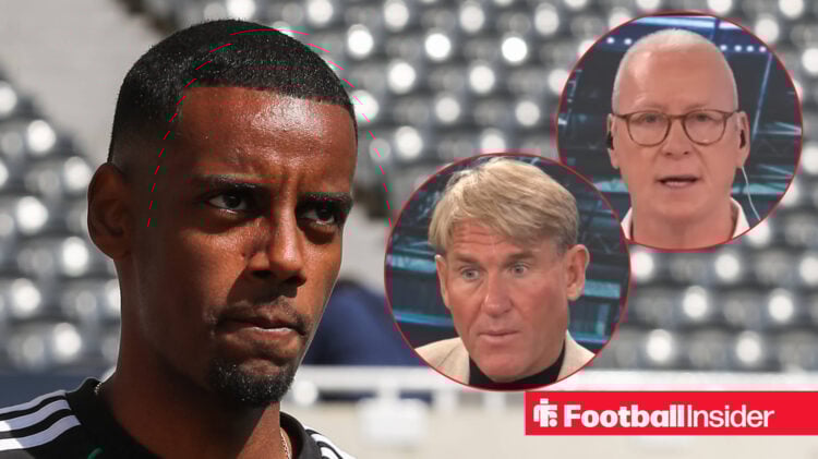 Alexander Isak on the left looking focused with Simon Jordan on the right looking perplexed and Jim White open-mouthed