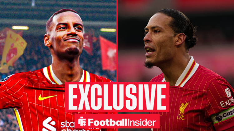 Alexander Isak on the left in a Liverpool shirt looking fierce with Virgil van Dijk on the right shouting with an exclusive banner in the middle