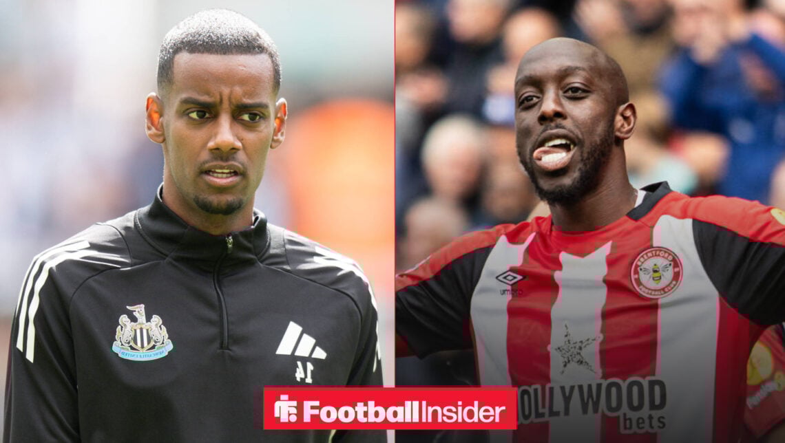 Alexander Isak on the left looking concerned with Yoane Wissa with his tongue out on the right