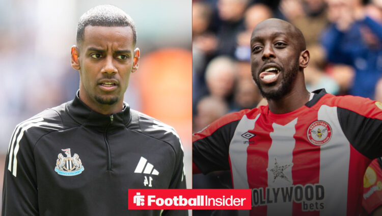 Alexander Isak on the left looking concerned with Yoane Wissa with his tongue out on the right