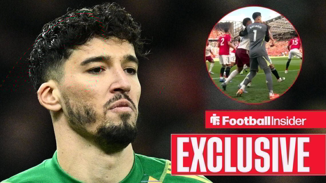 Altay Bayndir looking disappointed, with Arsenal goal in a circular inset