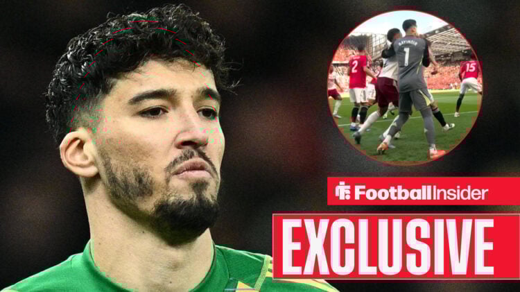 Altay Bayndir looking disappointed, with Arsenal goal in a circular inset