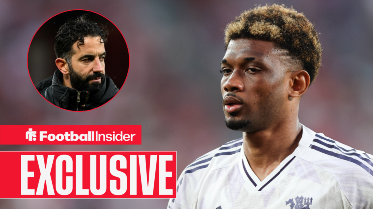 Exclusive banner over Man United's Amad Diallo in action looking at manager Ruben Amorim who is looking at him with a grimace