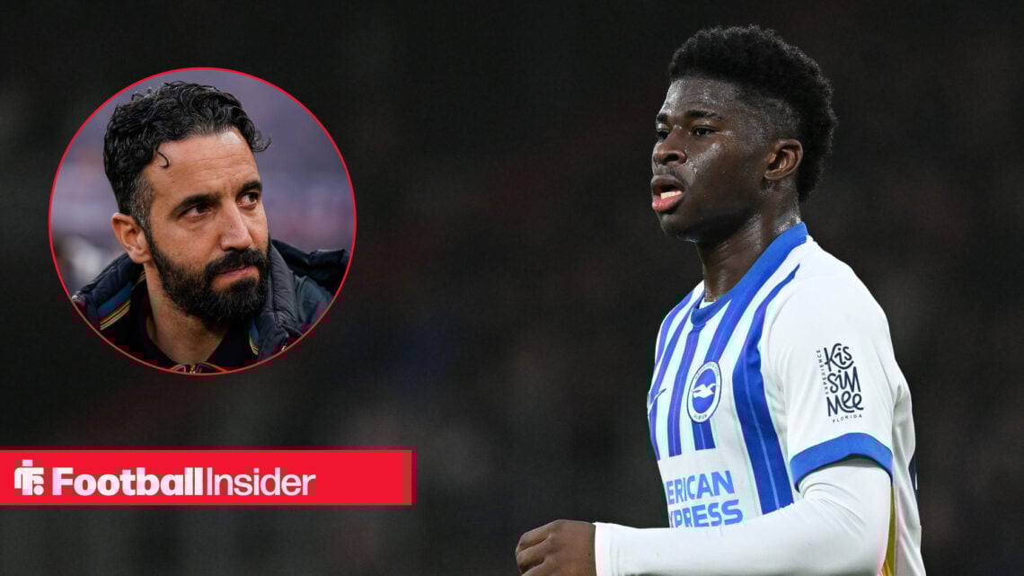 Brighton midfielder Carlos Baleba looks on during a PL match, alongside an image of Man United boss Ruben Amorim.