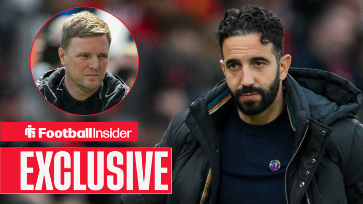 Man United manager Ruben Amorim prowls the touchline as Eddie Howe looks on in a circular inset