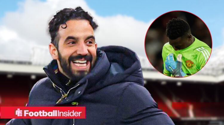 Ruben Amorim celebrates with Andre Onana looking devastated in a circular inset.