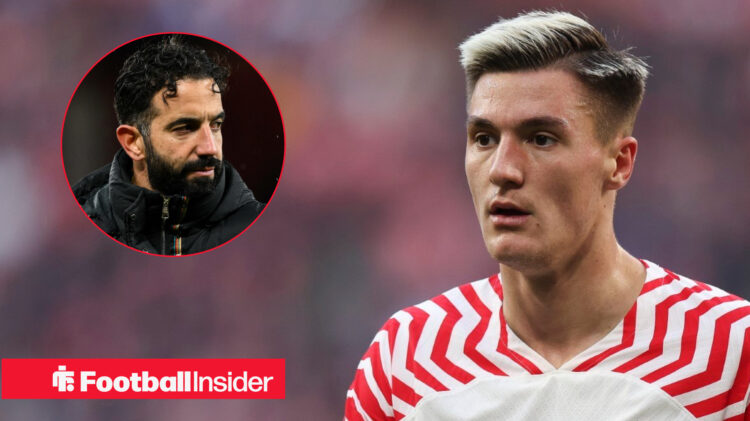RB Leipzig striker Benjamin Sesko in action as Man United manager Ruben Amorim loons on