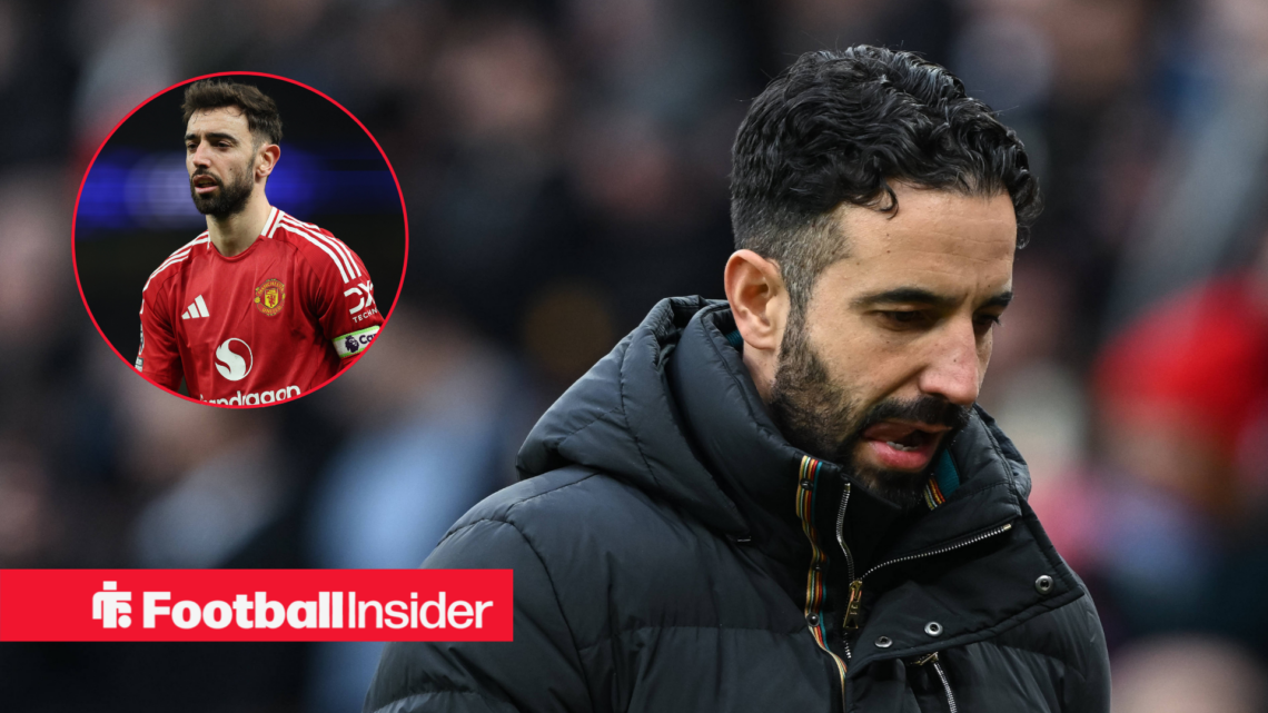 Ruben Amorim in a black coat and Bruno Fernandes in a red Manchester United kit in a circle
