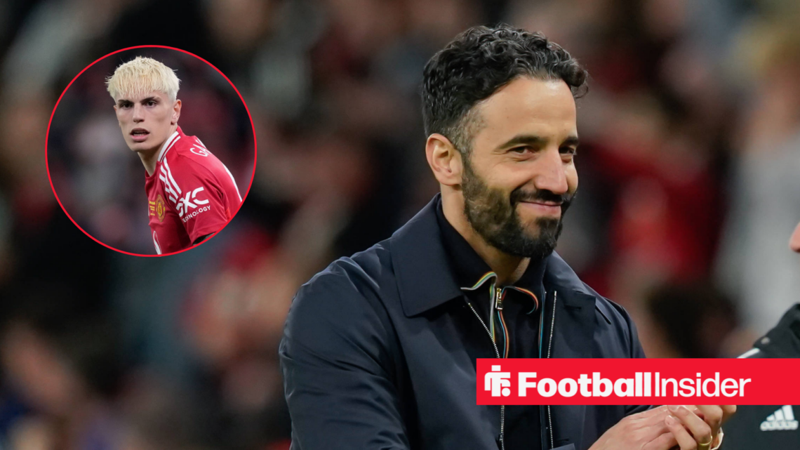 Ruben Amorim in a black jacket and Alejandro Garnacho in a red Manchester United kit in a circle