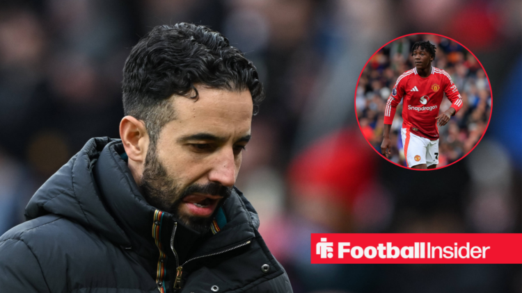 Ruben Amorim in a coat and Kobbie Mainoo in a circle in a red Manchester United kit