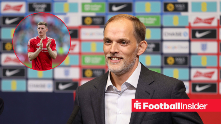 Thomas Tuchel in a suit and Elliot Anderson in a red Nottingham Forest kit in a circle