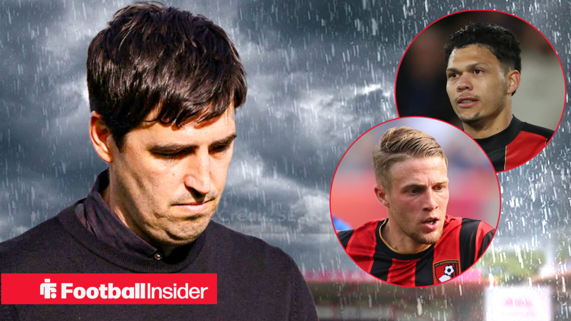 Bournemouth manager Andoni Iraola looking sound with Adrien Truffert and Evanilson circle insets