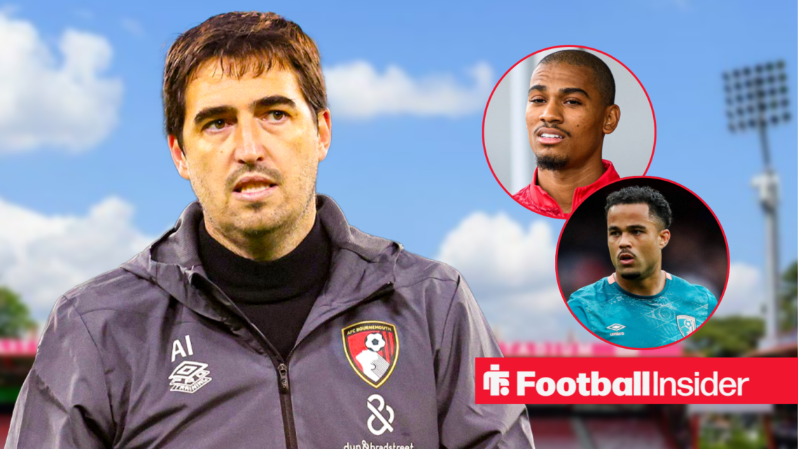 Andoni Iraola in Bournemouth coat with Amine Adli and Justin Kluivert inset