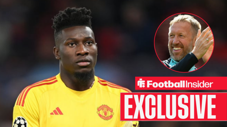 Andre Onana in action for Man United, with Graham Potter in a circular inset