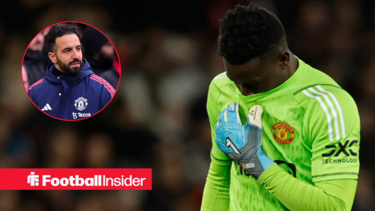 Andre Onana in Man United shirt covering his face with Ruben Amorim circle inset