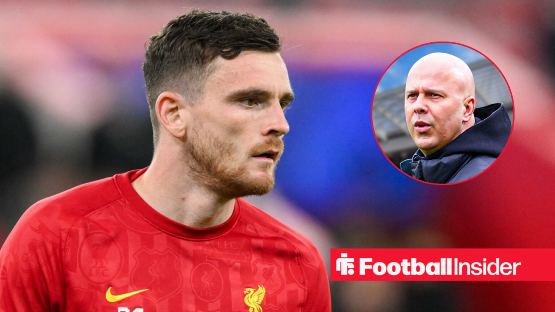 Liverpool's Andy Robertson warming up looking at manager Arne Slot who looks back at him while at Anfield right inset